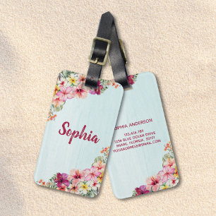 Tropical Pink Hibiscus Flowers Floral Botanical Luggage Tag