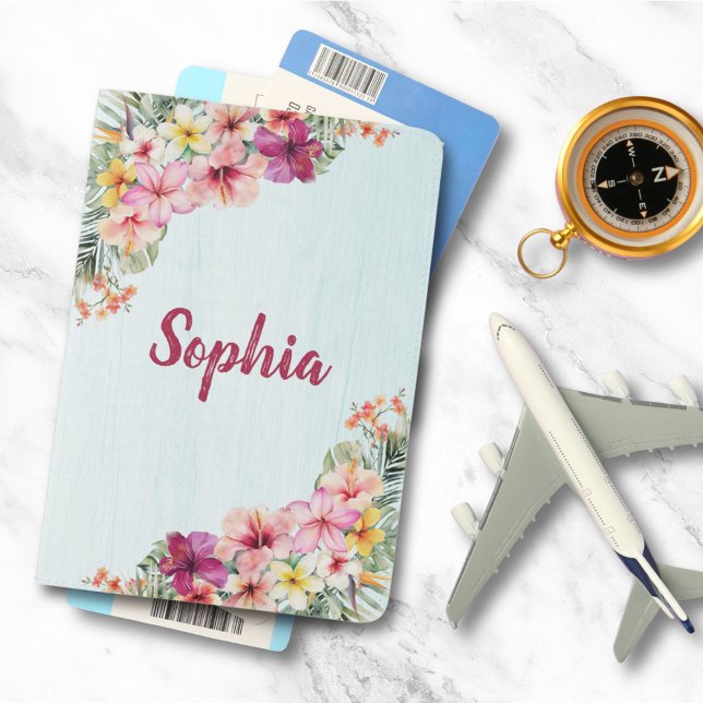 Tropical Pink Hibiscus Flowers Floral Botanical Passport Holder (In situ)
