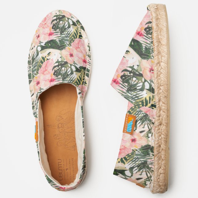 Tropical Pink Hibiscus Flowers Monstera Palm Leaf Espadrilles (Side)
