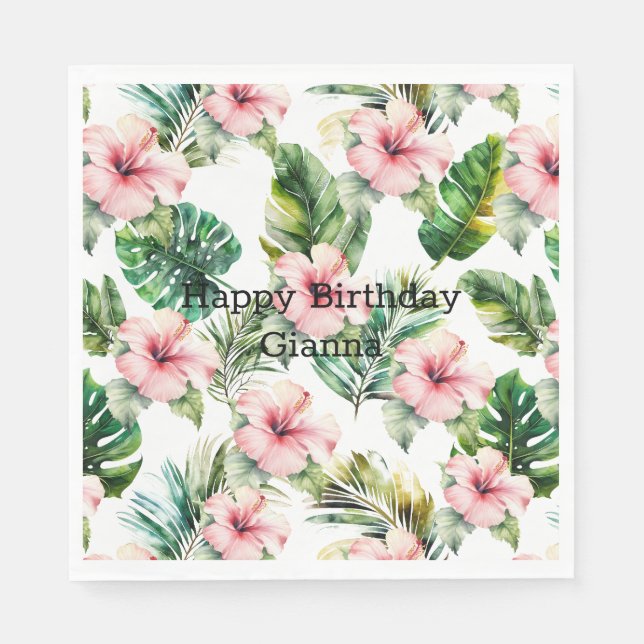 Tropical Pink Hibiscus Flowers Napkins (Front)