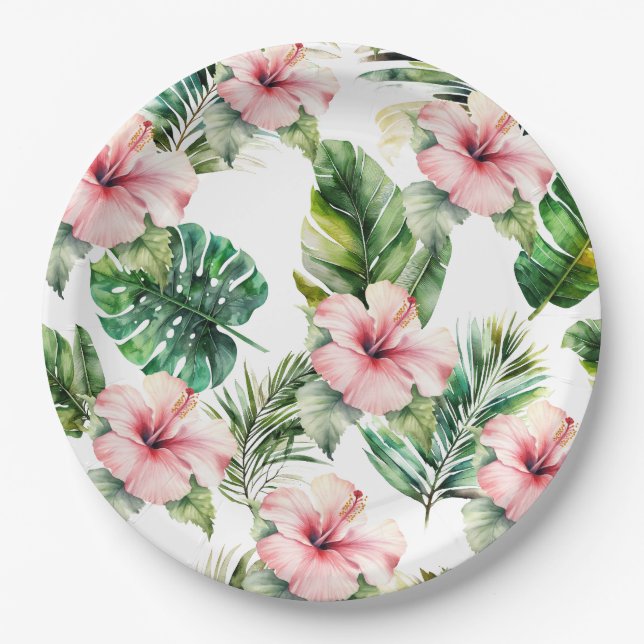 Tropical Pink Hibiscus Flowers Paper Plates (Front)