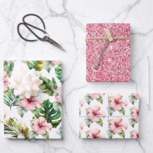 Tropical Pink Hibiscus Flowers Wrapping Paper Sheets