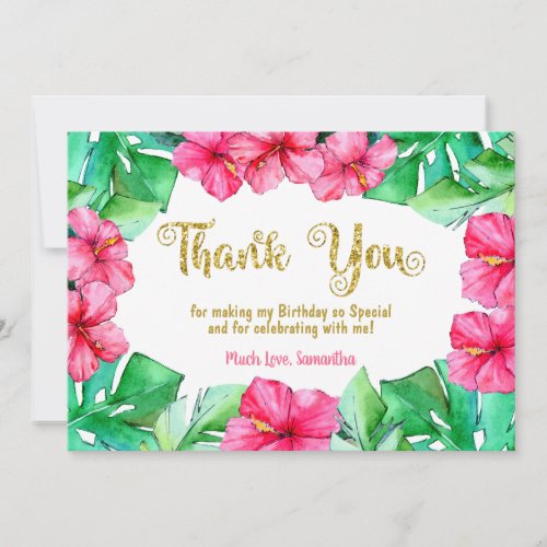 Tropical Pink Hibiscus Glitter Birthday Thank You 