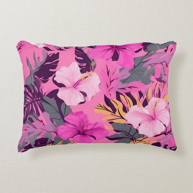 Tropical Pink Hibiscus - Leafy Floral Design Accent Pillow (Front)