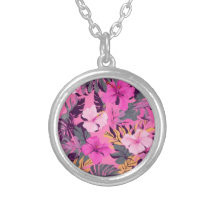 Tropical Pink Hibiscus - Leafy Floral Design