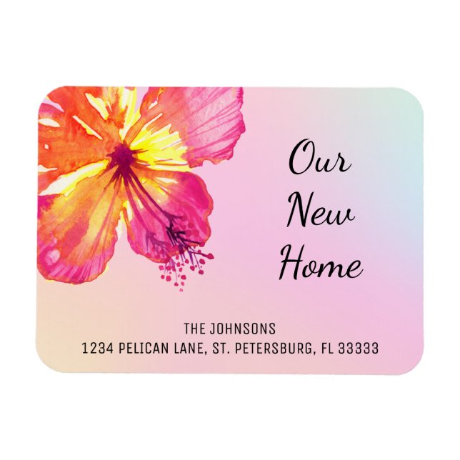 Tropical Pink Hibiscus New Address Announcement Magnet (Horizontal)