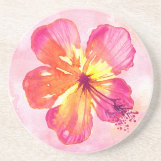 Tropical Pink Hibiscus on Abstract Watercolor Coaster