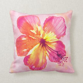 Tropical Pink Hibiscus on Abstract Watercolor Throw Pillow