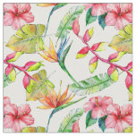 Tropical Pink Hibiscus Palm Leaves White Pattern Fabric