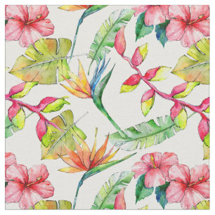 Tropical Pink Hibiscus Palm Leaves White Pattern Fabric
