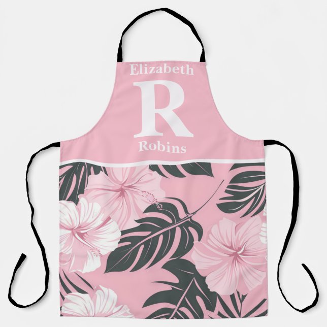 Tropical pink hibiscus personalized  apron (Front)