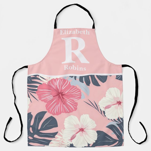 Tropical pink hibiscus personalized  apron (Front)