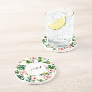 Tropical Pink Hibiscus Personalized Coaster