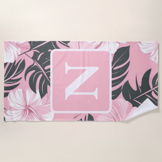Tropical pink Hibiscus personalized Monogram Beach Towel (Front)