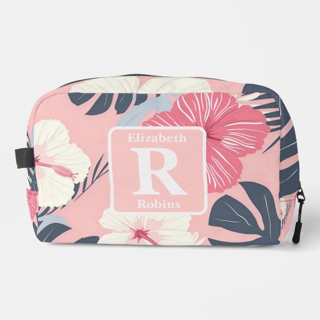 Tropical pink hibiscus personalized Monogram  Dopp Kit (Front)