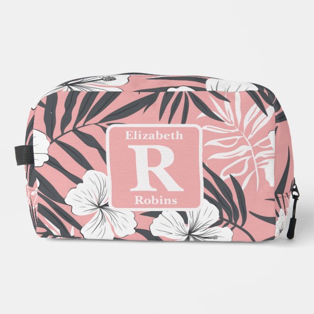 Tropical pink hibiscus personalized Monogram  Dopp Kit (Front)