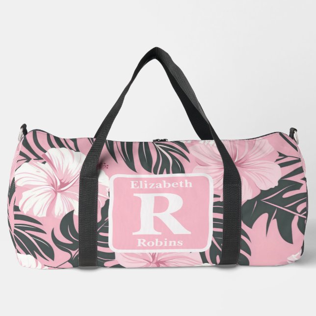 Tropical pink hibiscus personalized Monogram  Duffle Bag (Front)
