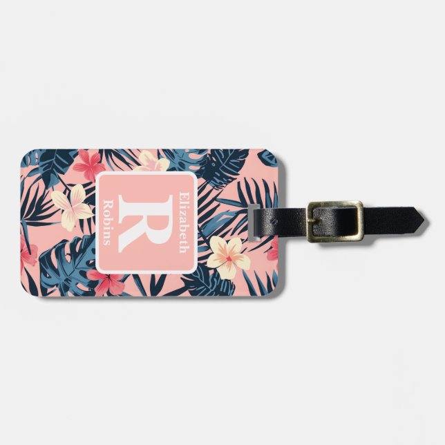 Tropical pink hibiscus personalized Monogram Luggage Tag (Front Horizontal)