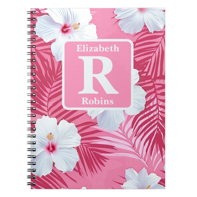 Tropical pink hibiscus personalized Monogram Notebook (Front)