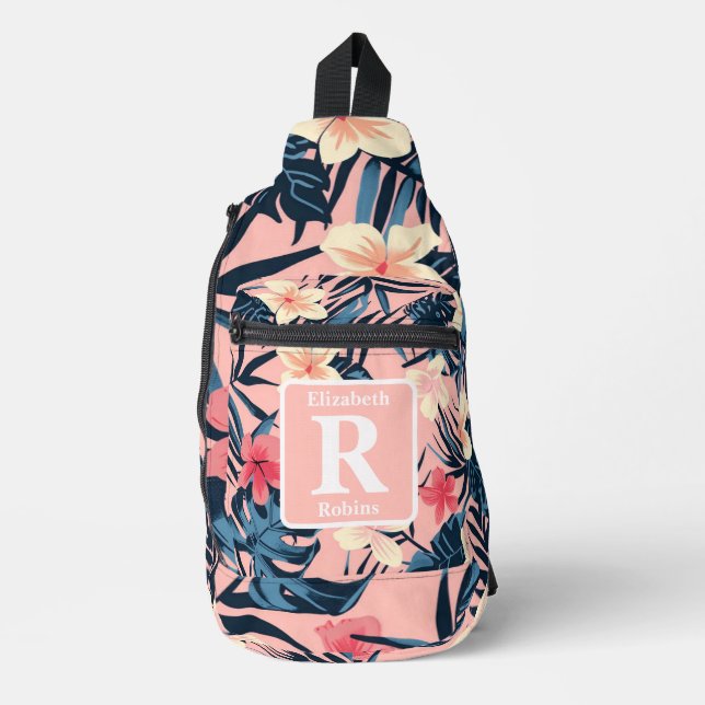 Tropical pink hibiscus personalized Monogram  Sling Bag (Front)