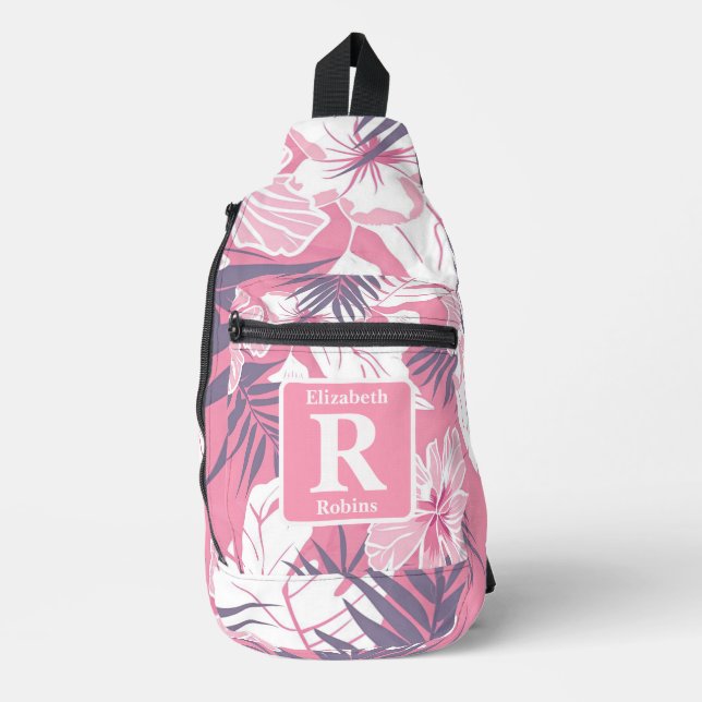 Tropical pink hibiscus personalized Monogram  Sling Bag (Front)