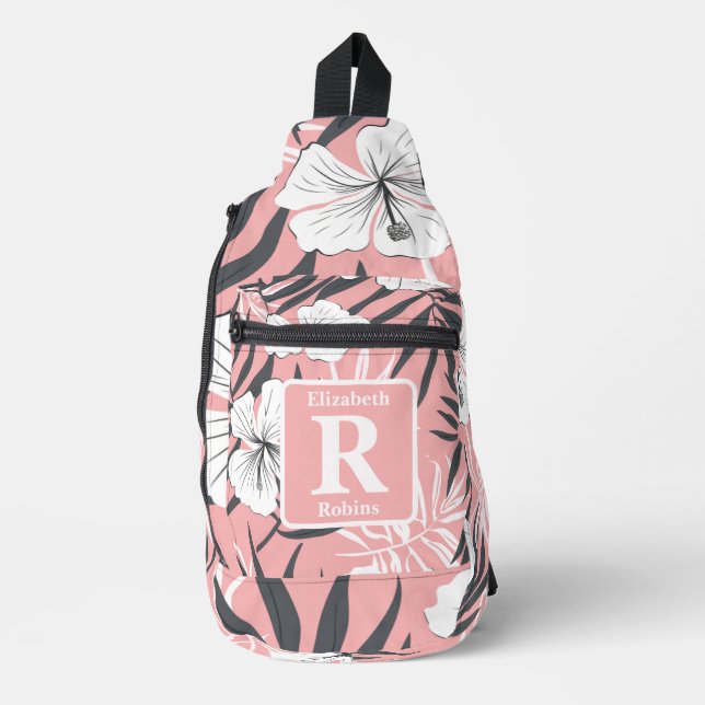Tropical pink hibiscus personalized Monogram  Sling Bag (Front)