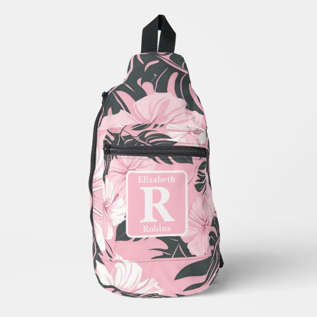 Tropical pink hibiscus personalized Monogram  Sling Bag (Front)