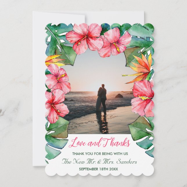 Tropical Pink Hibiscus Photo Wedding   Thank You Card (Front)