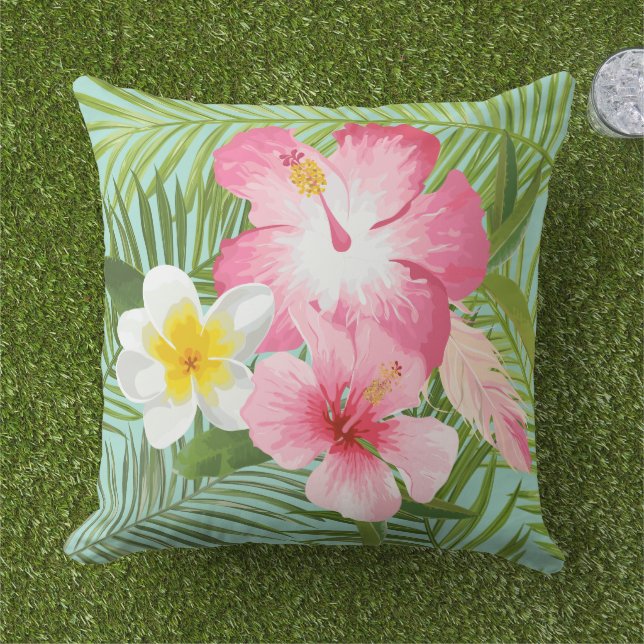 Tropical Pink Hibiscus Plumeria Palm Outdoor Pillow (Grass)