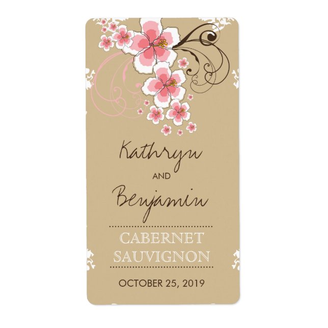 Tropical Pink Hibiscus Rustic Beach Wedding Bottle Label (Front)