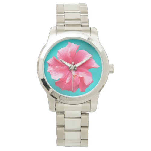 Tropical Pink Hibiscus Turquoise Blue Watch