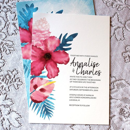 Tropical Pink Hibiscus Turquoise Ferns Wedding Invitation