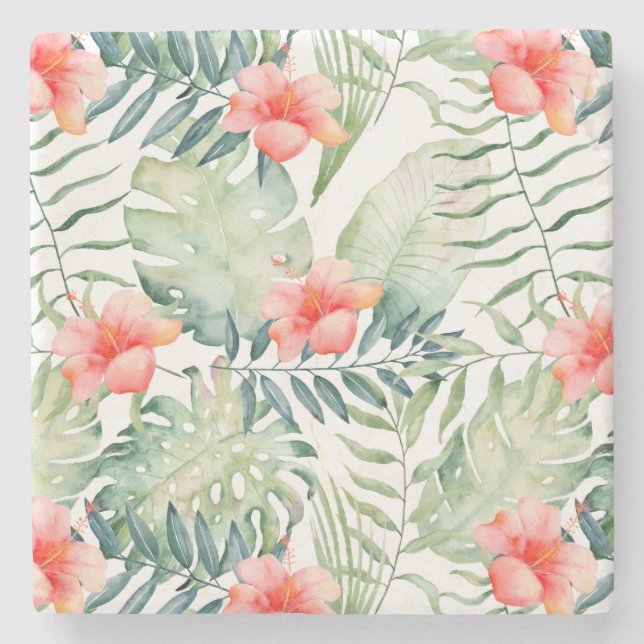 Tropical Pink Hibiscus Watercolor Flowers Stone Coaster (Front)