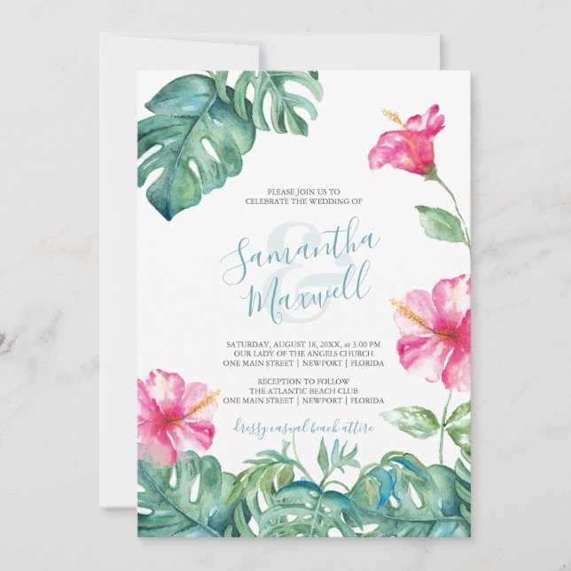 Tropical Pink Hibiscus Watercolor Wedding Invite (Front)