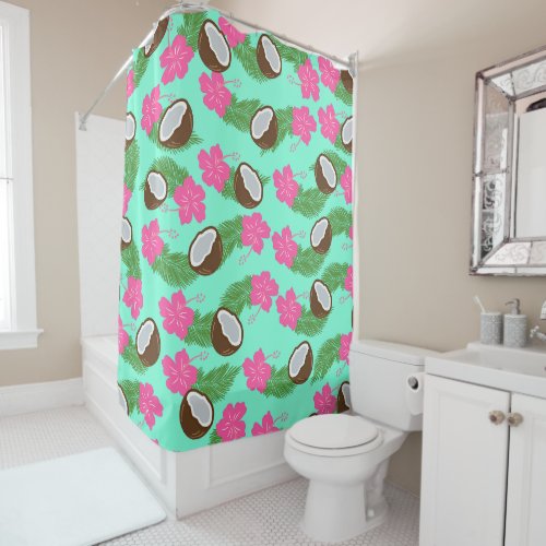 Tropical Pink Hibiscus With Coconuts Pattern Teal Shower Curtain