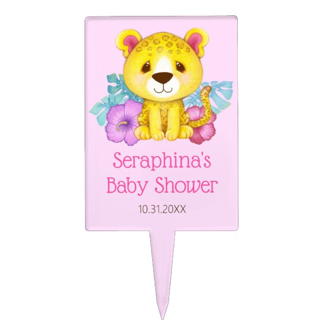 Tropical Pink Jungle Leopard Baby Shower Cake Topper (Front)