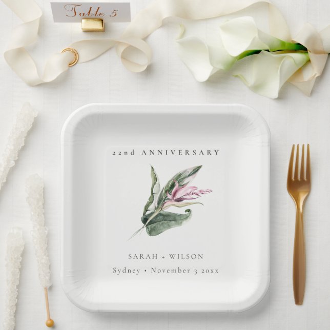 Tropical Pink Leafy Floral Any Year Anniversary Paper Plates (Wedding)