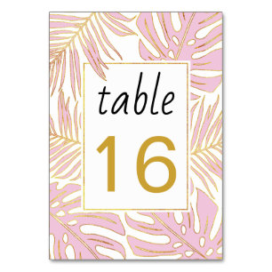 Tropical pink leaves with gold outline wedding table number