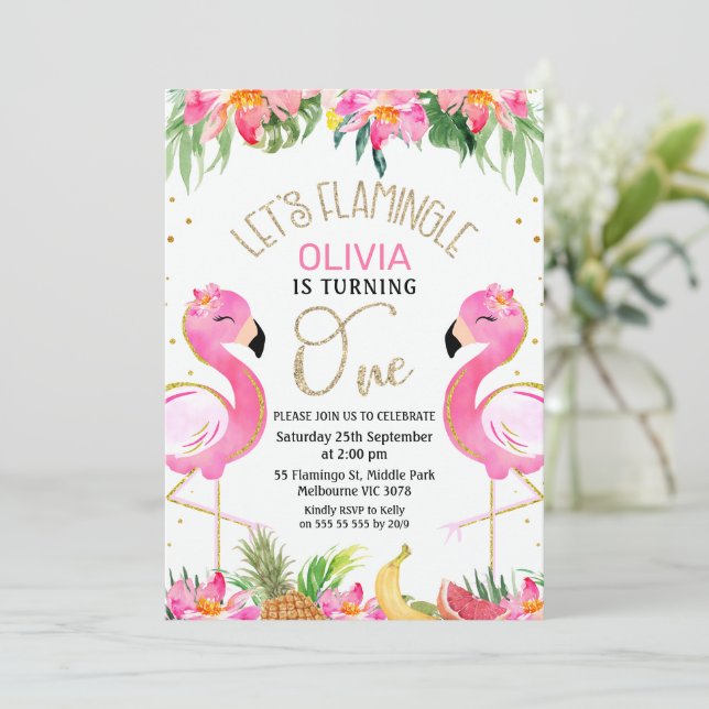 Tropical Pink Lets Flamingle Flamingo 1st Birthday Invitation (Standing Front)