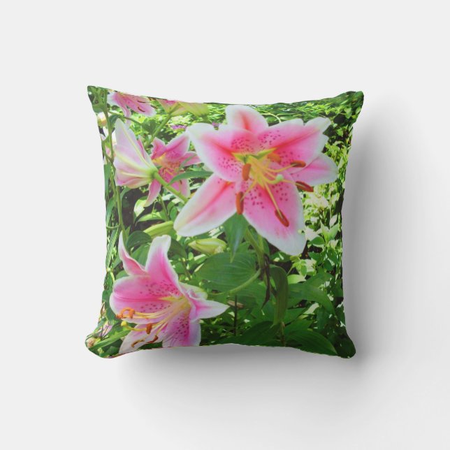 Tropical Pink Lilies and Green Leaves Outdoor Pillow (Front)