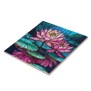 tropical Pink lotus 1 stained glass art Ceramic Tile