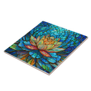 tropical Pink lotus 3 stained glass art Ceramic Tile