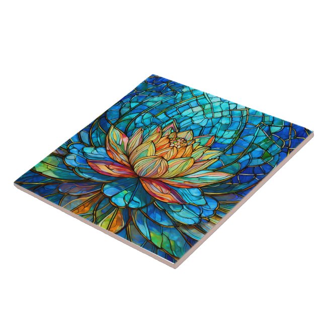tropical Pink lotus 3 stained glass art Ceramic Tile (Side)