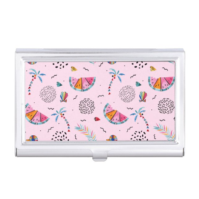 Tropical Pink Memphis Style Pattern Business Card Case (Front)