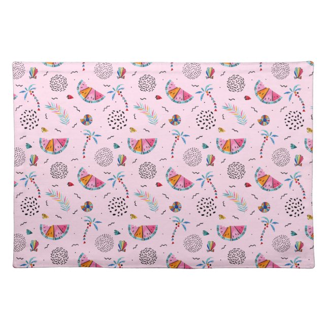 Tropical Pink Memphis Style Pattern Cloth Placemat (Front)