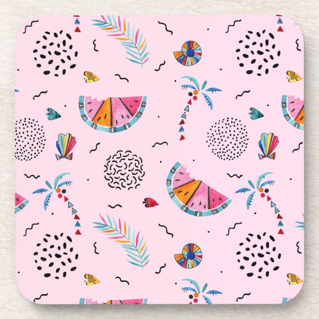 Tropical Pink Memphis Style Pattern Coaster (Front)