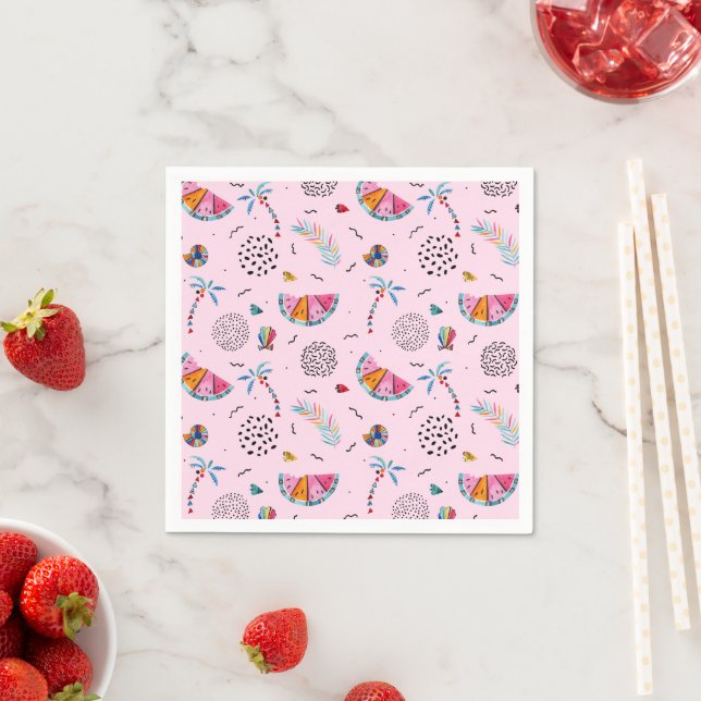 Tropical Pink Memphis Style Pattern Napkins (Insitu)
