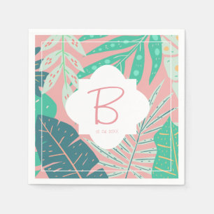 Tropical Pink Monogram Green Palm Leaves Napkins