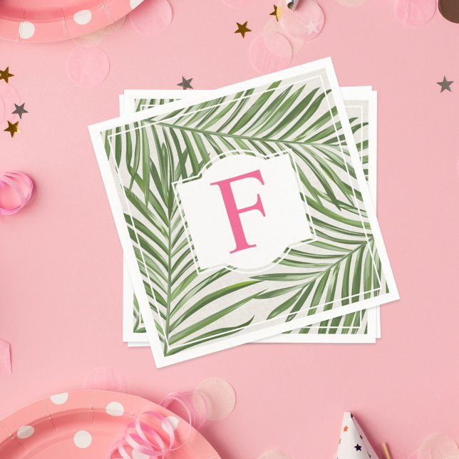 Tropical Pink Monogram Green Palm Leaves Napkins (Creator Uploaded)