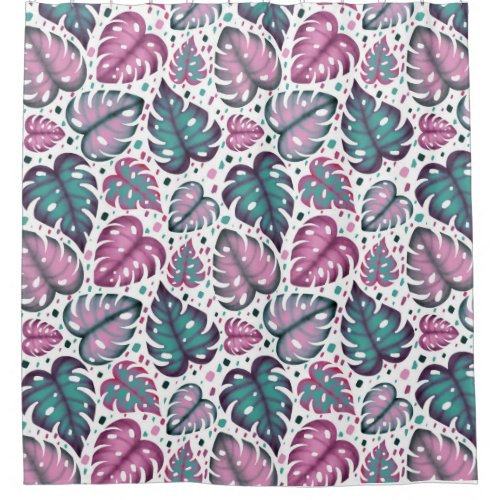 Tropical Pink Monstera Leaves Shower Curtain